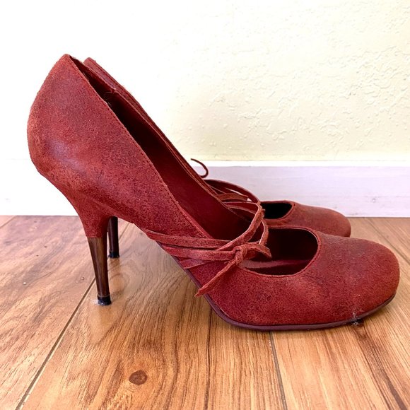 Diesel Distressed Suede Leather Heels Shoes Burgundy Red Round Toes US 7.5 - Picture 1 of 7